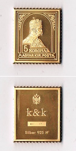 Magyar Királyi Posta 5 koronás aranyozott ezüst bélyegérem